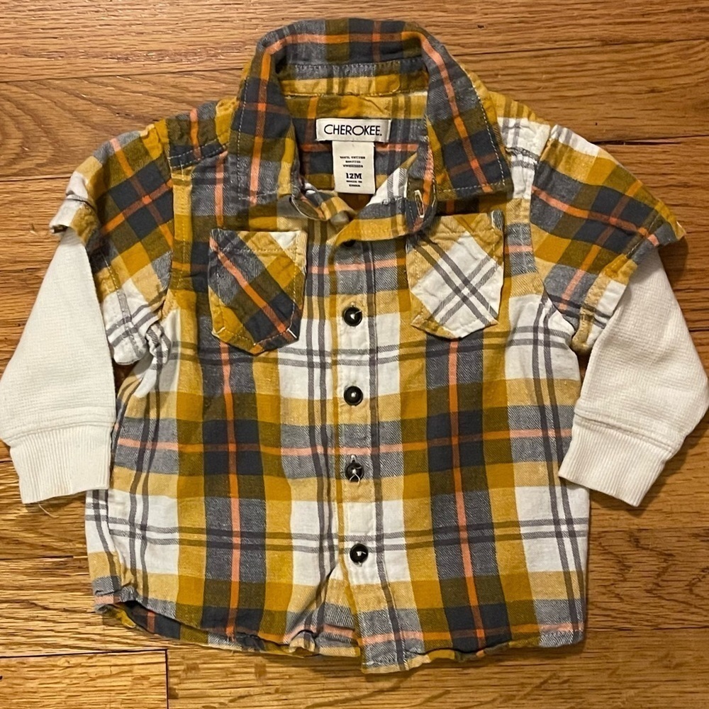 Cherokee | Yellow Plaid Flannel with Thermal White Sleeves | 12 mo